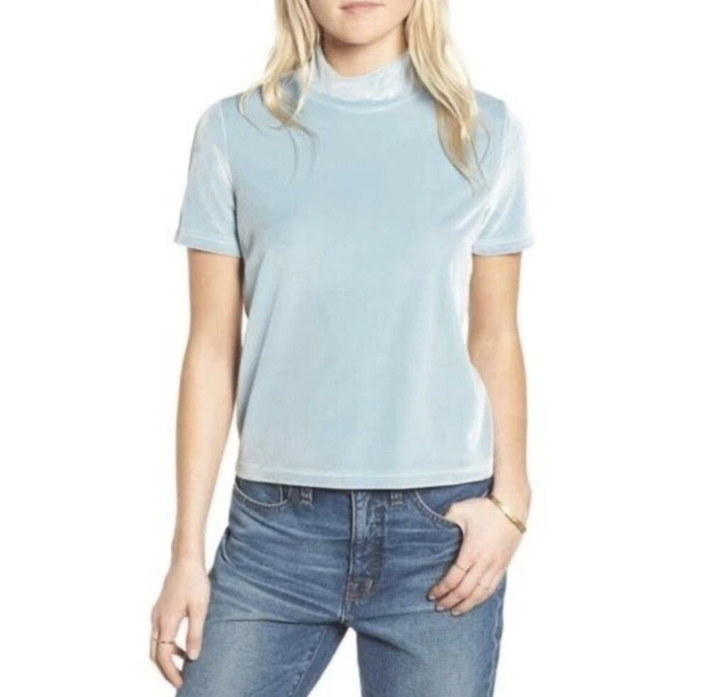 Madewell Light Teal Velvet Mockneck Top Size Small Fall Classic Preppy Business
